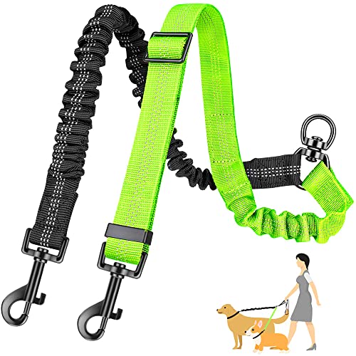 AUTOWT Two Dog Lead, 2 in 1 Upgraded Double Dog Leash Attachment Combine Adjustable Strap and Shock Absorbing Bungee No Tangle Dual Training Splitter for Different Size Dogs - color: Green - Medium