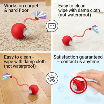 Speedy Tail 2.0 Cat Toy – 2 Replaceable Tails, Controllable Chirping, Motion Activated Rolling Ball, USB Rechargeable – Enrichment & Exercise for Bored Indoor Cats, Kittens (Red) - color: A-Red
