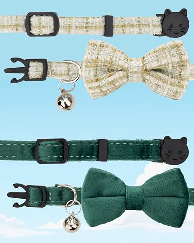Cat Collar with Bow Tie 2pcs Set Bell Boy Girl Kitten Safety Plaid Grid Checkered Solid Color Suede Velvet Cute Soft Fluffy Gift B-[2pcs] Green - color: Style B-[2pcs] Green