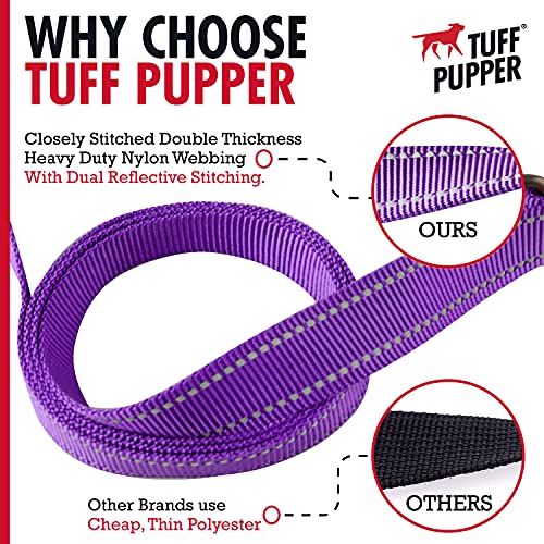 Tuff Pupper Heavy Duty Double Handle Leash | Twist Locking Carabiner Clip | Safety Lock for Strong Dogs | Reflective for Safe Night Walks | 6 Foot Leash | For Medium & Large Dogs - color: Purple