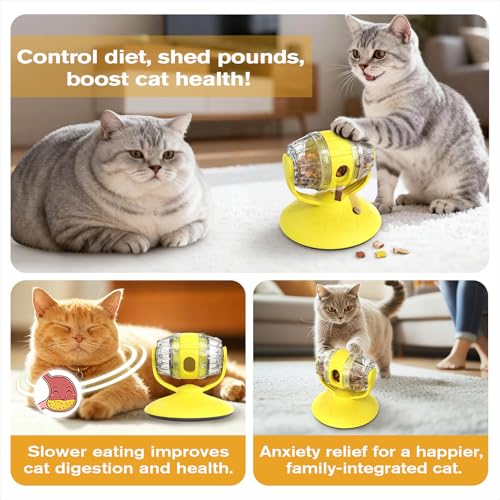 Rotating Interactive Cat Treat Dispenser Toy - Slow Feeder Puzzle for Indoor Cats-Yellow - color: Yellow