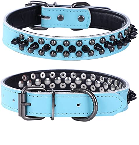 Spiked Studded Dog Collar, Genuine Leather Dog Collar, Adjustable Pet Collars for Small or Medium Pet (S, Blue) - color: Blue, size: S