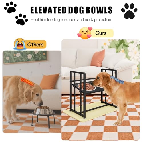 Elevated Dog Bowls 4 Height Adjustable Metal Pet Food Feeder Stand with 2 Stainless Steel Bowl Raised Dogs Feeding Station with Non-Slip Mats Black (Black, with Feeding Mat) - color: Black+Yellow-B, size: 17.91x11.02x17.05in