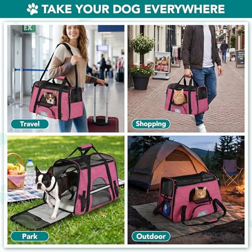 PetAmi Airline Approved Pet Carrier for Cats & Small Dogs, Soft Sided TSA Travel Carrier Bag Sherpa Bed, Breathable Mesh Ventilation, Collapsible Bowl, Fit Under Seat, Up to 18 lbs, Small Heather Pink - color: Heather Pink, size: Small - 17"L x 10.2"W x 1