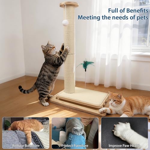 2-in-1 Cat Scratching Post and Pad, 28" Natural Sisal Cat Scratcher for Indoor Cats, Solid Wood Base with Interactive Spring Toy & Dangling Ball, Space-Saving for Indoor Adults Cats - size: 28 inches
