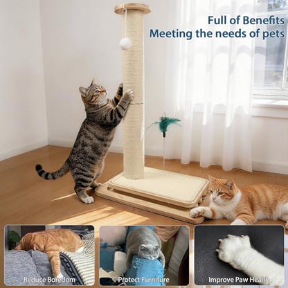 2-in-1 Cat Scratching Post and Pad, 28" Natural Sisal Cat Scratcher for Indoor Cats, Solid Wood Base with Interactive Spring Toy & Dangling Ball, Space-Saving for Indoor Adults Cats - size: 28 inches
