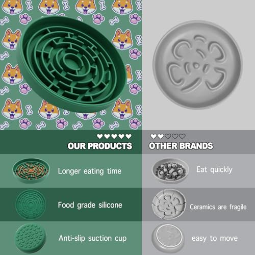 Silicone Slow Feeder Bowl, with Non-Slip Suction Cups, Anti-Choking, Puppy Puzzle Bowl, Slows Down Eating Speed, Relieves Anxiety, Suitable for S&M Sized Dogs and Cats(Green - color: Green