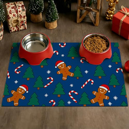 HOMETITUTE Fun Gingerbread Pattern Xmas Pet Placemat Holiday Pet Mat for Food and Water Bowls Spill-Proof Area Pad for Pet Feeding Spaces Easy Clean Mat for Cats Kittens & Small Dogs 20" x 12" - color: brown