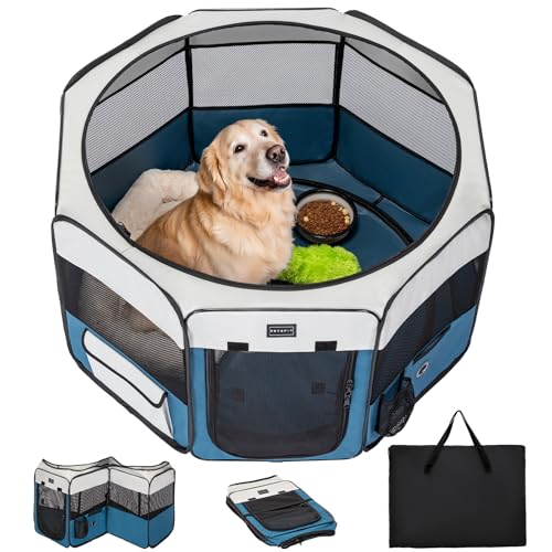 PETSFIT 45.5" Dog Playpen Indoor/Outdoor-Jump-Proof 28.5" Height with Removable Waterproof Mat & Zippered Roof | RV, Camping, Travel Dog Pen | Whelping & Cat Observation Space(45.5"L x 45.5"W x 28.5H) - color: Blue