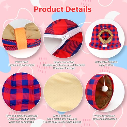 BWOGUE Bunny Tunnel Bed, 2-in-1 Collapsible Tunnel Tubes Toys with Removable Mat Hideout for Cats Kittens Rabbits Guinea Pigs Kitty (RedPlaid) - color: RedPlaid