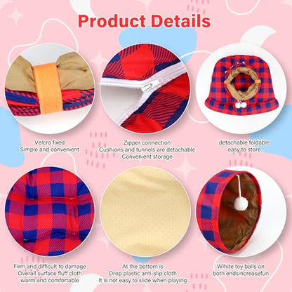 BWOGUE Bunny Tunnel Bed, 2-in-1 Collapsible Tunnel Tubes Toys with Removable Mat Hideout for Cats Kittens Rabbits Guinea Pigs Kitty (RedPlaid) - color: RedPlaid