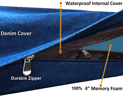 Dogbed4less Large Orthopedic Memory Foam Dog Bed for Medium to Large Dogs with Durable Waterproof Internal Case, Removable Washable Denim Cover + Bonus Pet Bed Cover, 41X27X4 Fit 42X28 Dog Crate, Blue - size: 41.0"L x 27.0"W x 4.0"Th