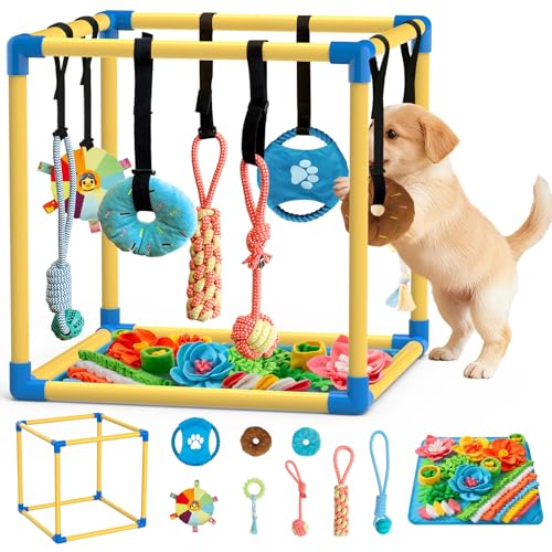 Puppy Play Gym with Snuffle Mat & 8 Hanging Toys Indoor Play Gym Interactive Dog Toys for Boredom Enrichment Activity for Small Dog PVC Frame Stretchy Rope with Velcro (Yellow,19.6 x 19.6 x 19.6 inch) - color: Yellow/8 toys/19.6"x19.6"x19.6" & snuffle mat