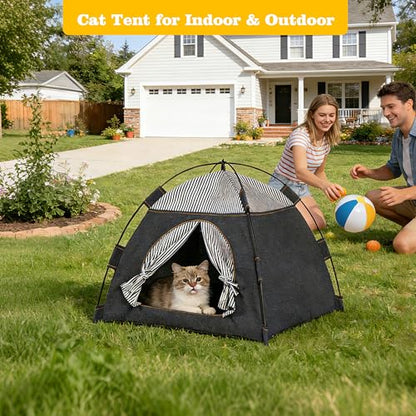 Gigreinc Cat Tent for Indoor & Outdoor - Breathable Mesh with Stylish Denim Plaid Pattern - Portable Cat House, Puppy Tent L Size (22.8×22.8×18.5 Inches) for 12-20 lbs. Pets.