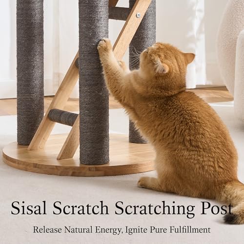 797Audio Wood Modern Cat Tree, 61.5" Tall Cat Tower with Sisal Scratching Posts, Cat Condo, Capsule and Ladder, Solid Wooden Aesthetic Multi-Level Cat Climbing Tree for Large Adult Indoor Cats-Gray - color: 62 Inch-Gray