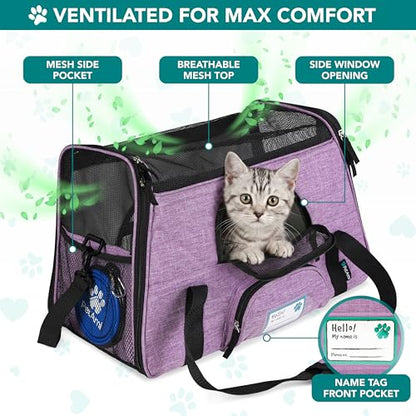 PetAmi Airline Approved Pet Carrier for Cats & Small Dogs, Soft Sided TSA Travel Carrier Bag with Sherpa Bed, Breathable Mesh Ventilation, Collapsible Bowl, Up to 18 lbs, Large Heather Purple - color: Heather Purple, size: Large - 19.5"L x 10.2"W x 12"H