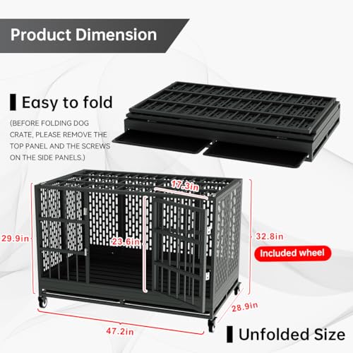 Snuowu 48 Inch Heavy Duty Dog Crate with Wheels, Folding Metal Big Dog Cage for Large and Medium Dogs, Extra Large XL XXL Indestructible Dog Crate with Removable Tray. - size: 48-Inch Black （Fold）
