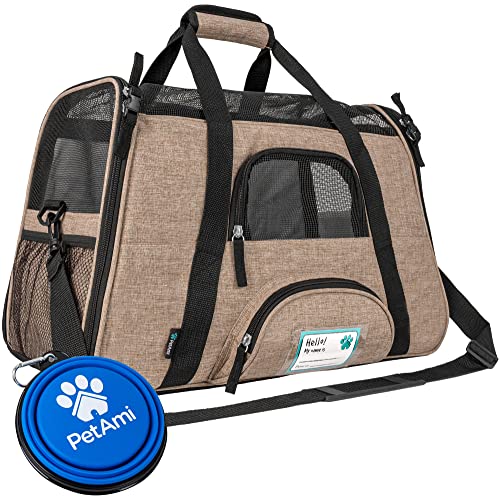 PetAmi Airline Approved Pet Carrier for Cats & Small Dogs, Soft Sided TSA Travel Carrier Bag with Sherpa Bed, Breathable Mesh Ventilation, Collapsible Bowl, Up to 18 lbs, Large Heather Taupe - color: Heather Taupe, size: Large - 19.5"L x 10.2"W x 12"H