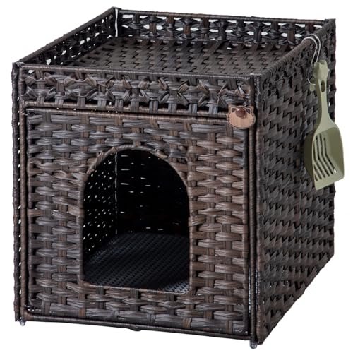 SETVSON Cat Litter Box Enclosure Furniture, Hidden Litter Box with Mat and Fence, Handwoven Rattan Cat House with Two S-Shaped Hooks for Living Room, Bedroom, 18.5 x 20.5 x 19.1 Inches (Brown) - color: Brown, size: Standard