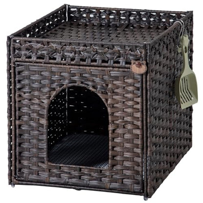 SETVSON Cat Litter Box Enclosure Furniture, Hidden Litter Box with Mat and Fence, Handwoven Rattan Cat House with Two S-Shaped Hooks for Living Room, Bedroom, 18.5 x 20.5 x 19.1 Inches (Brown) - color: Brown, size: Standard