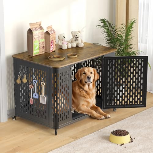 ONBRILL Heavy Duty Dog Crate Furniture for Large and Medium Dogs, 43.7 Inch Large Dog Crate Kennel with Flip Top & Cushion & Wheels, Escape Proof Pet Cage,Wooden Cage Kennel Furniture Indoor - size: 43.7"L x 29.9"W x 31.7"H