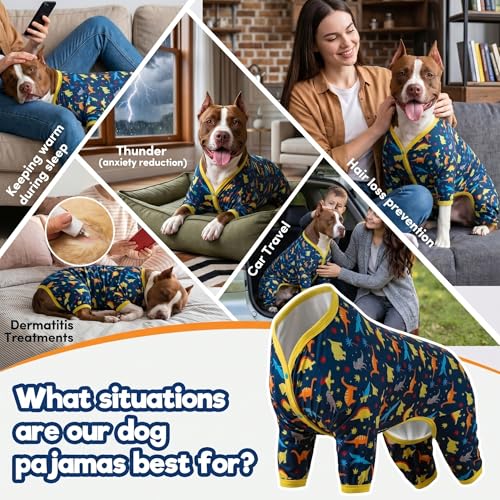 LovinPet Big Dog Pajamas for Large Dogs/Prehistoric Adventure Dinosaur Navy Print/Lightweight Stretchy Knit Pullover Dog Clothes/Large Dog Onesie, Pet Pajamas for Dogs, Pet PJ's/L - size: Large