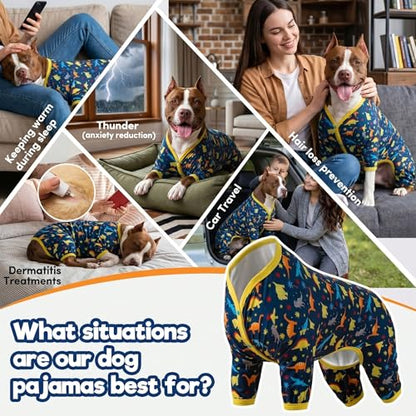 LovinPet Big Dog Pajamas for Large Dogs/Prehistoric Adventure Dinosaur Navy Print/Lightweight Stretchy Knit Pullover Dog Clothes/Large Dog Onesie, Pet Pajamas for Dogs, Pet PJ's/L - size: Large