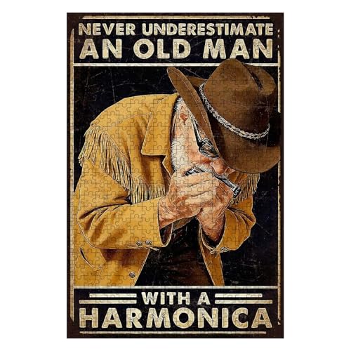 300 Pieces Jigsaw Puzzles for Adults, Never Underestimate an Old Man with A Harmonica Cowboy Art Puzzle, Stress Relief Concentration Training Brain Teaser Puzzle 15.7x11 Inch - color: Wooden Puzzle14, size: 300 Piece pcs