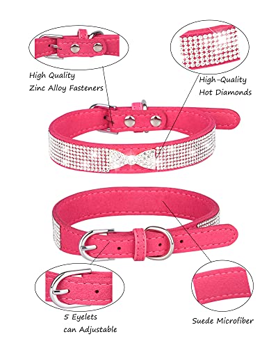 Dog Collar for Small Dogs, Adjustable Leather Suede Bling Dog Collars，Pink Dog Collar Cat Collar, Rhinestone Dog Collar (XS, Rose red4) - color: rose red4, size: XS