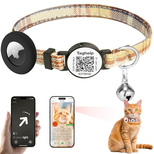 Grid Cloth Breakaway Cat Collar with smart ID tag with AirTag Holder and Bell, Light, Adjustable,AirTag, Integrated Air Tag Cat Collar for Apple.Tracker for Girl Boy Cats Kittens (Brown) - color: Brown