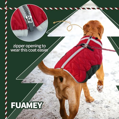 FUAMEY Dog Coat for Small Dogs,Waterproof Dog Winter Jacket with Harness Built in Puppy Cold Weather Coats Reflective Pet Vest with Zipper Warm Fleece Dogs Snowsuit Windproof XS - color: Christmas, size: XS(chest:14in)