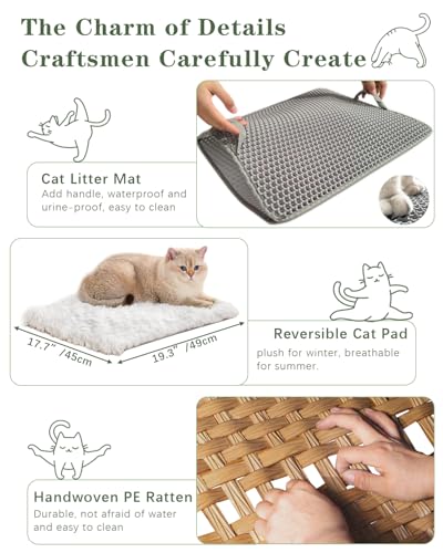 SETVSON Cat Litter Box Enclosure Furniture with One Cat Bed Pad, Hidden Litter Box Handwoven Rattan Cat House with Two S-Shaped Hooks for Living Room, Bedroom, 18.5 x 20.5 x 19.1 Inch,Natural - color: Natural, size: Standard With 1 Cat Bed