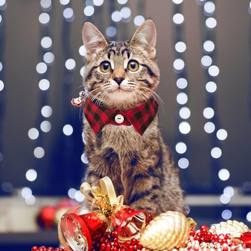 ADOGGYGO Christmas Cat Collars Breakaway with Bow Tie Bell, 2 Pack Red Green Plaid Xmas Kitten Collar with Removable Shirt Collar, Plaid Christmas Collars for Cats Kittens - color: Red&Green-3