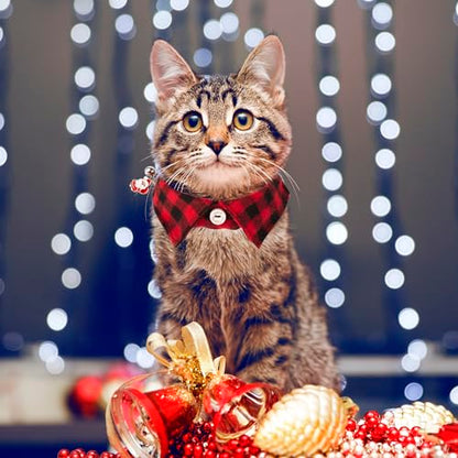 ADOGGYGO Christmas Cat Collars Breakaway with Bow Tie Bell, 2 Pack Red Green Plaid Xmas Kitten Collar with Removable Shirt Collar, Plaid Christmas Collars for Cats Kittens - color: Red&Green-3