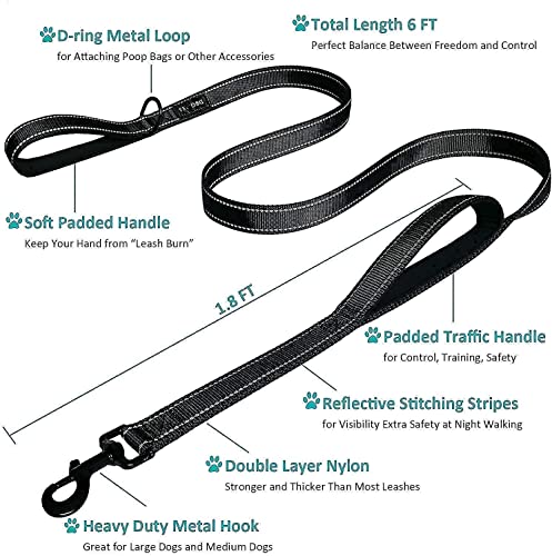 Dog Leash 6ft Long - Traffic Padded Two Handle - Heavy Duty - Double Handles Lead for Training Control - 2 Handle Nylon Leashes for Large Dogs or Medium Dogs - Reflective Leash Dual Handle (Black)