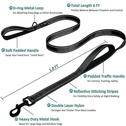 Dog Leash 6ft Long - Traffic Padded Two Handle - Heavy Duty - Double Handles Lead for Training Control - 2 Handle Nylon Leashes for Large Dogs or Medium Dogs - Reflective Leash Dual Handle (Black)