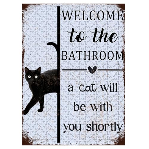 1000 Pieces Wooden Jigsaw Puzzle Black Cat Bathroom Entrance Greeting Hand Eye Coordination Training Fine Motor Skills Development 29.5x19.7 Inch - color: Wooden Puzzle1, size: 1000 Piece pcs