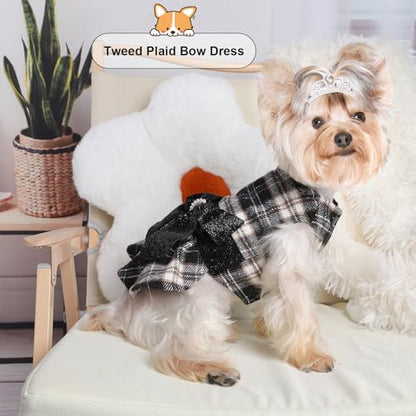 Dog Sweater Dresses for Small Dogs Girl, Puppy Clothes Plaid Dress Doggie Princess Dress, Winter Pet Holiday Festival Apparel Outfits, S, Black, 7-9lb - color: Black Plaid, size: Small (Chest 15in )