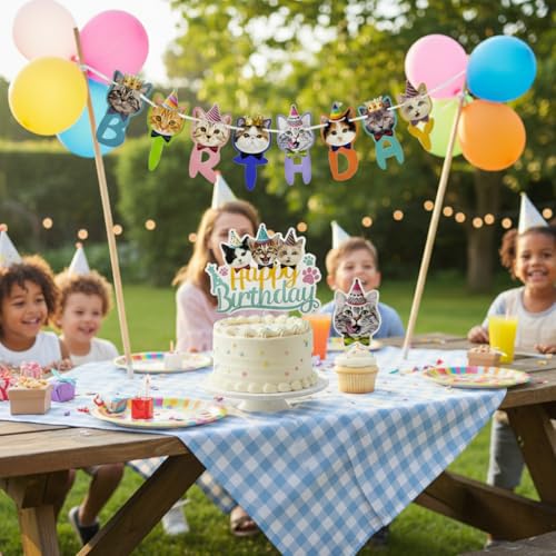 Cat Birthday Cake Topper & Paper Garland Banner Set – 12 Pc Kitten Cupcake Picks + 10ft Pennant, Reusable Indoor/Outdoor Party Decor for Cats & Kids (Banner Set) - size: Cat Birthday Banner Set