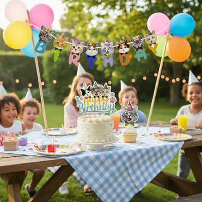 Cat Birthday Cake Topper & Paper Garland Banner Set – 12 Pc Kitten Cupcake Picks + 10ft Pennant, Reusable Indoor/Outdoor Party Decor for Cats & Kids (Banner Set) - size: Cat Birthday Banner Set