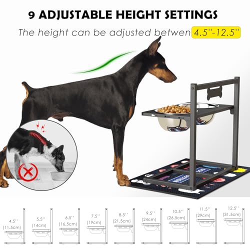ADENGL 9 Height Adjustable Dog Bowl Stand with Two 1.7L Stainless Steel, Slow Feeder Bowls and Nonslip Pad, Perfect for Medium and Large Dogs - color: Black, Slow Feeder with Dog Group Mat, size: Large Dogs
