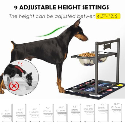 ADENGL 9 Height Adjustable Dog Bowl Stand with Two 1.7L Stainless Steel, Slow Feeder Bowls and Nonslip Pad, Perfect for Medium and Large Dogs - color: Black, Slow Feeder with Dog Group Mat, size: Large Dogs