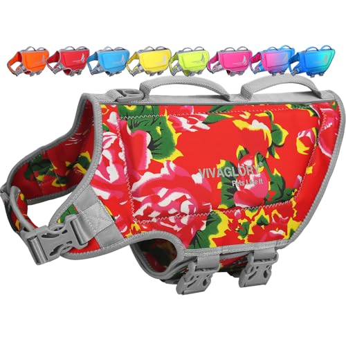 VIVAGLORY High Buoyancy Dog Life Vest, Swimming Vest with Handle, Dog Life Jacket for Swimming & Boating, Buoyancy for Puppy Doggy, L, Northeast Florals-Red - color: Northeast Florals-Red, size: L: 25-28 inch (Ribcage Girth)