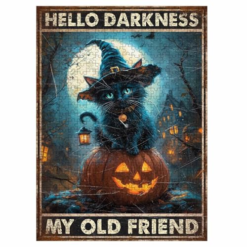 1000 Pieces Jigsaw Puzzles for Adults, Hello Darkness My Old Friend Black Cat Halloween Art Puzzle, Stress Relief Logical Thinking Brain Teaser Puzzle 29.5x19.7 Inch - color: Wooden Puzzle12, size: 1000 Piece pcs