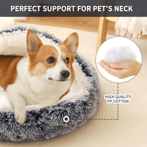 Dog Bed Round Hooded Plush Cat Cave Self Warming Pet Bed Donut Anti Anxiety Fluffy Pet Bed for Puppy and Kitty - color: Gradient Dark grey, size: Medium 23.6''
