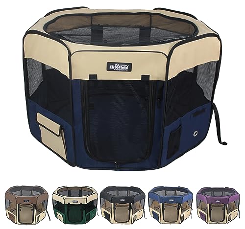 EliteField 2-Door Soft Pet Playpen (2 Year Warranty), Exercise Pen, Multiple Sizes and Colors Available for Dogs, Cats and Other Pets (36" x 36" x 24"H, Beige+Navy Blue) - color: Beige+Navy Blue, size: 36" x 36" x 24"H