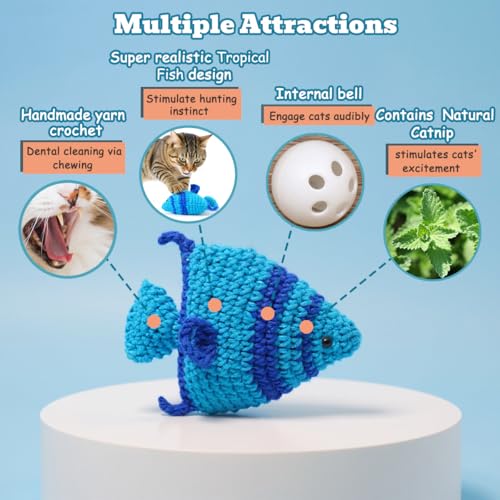 Catnip Fish Toy - Hand-Crocheted with Real Catnip & Bell, Interactive Kicker Toy for Cats Kitten, Soft & Safe for Biting - color: Tropical fish