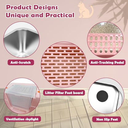 Vivifying Pink Stainless Steel Covered Cat Litter Box – Odor-Control, Easy-Clean Modular Enclosed Kitty Toilet, Elegant Design for Stylish Cat Moms - color: Pink