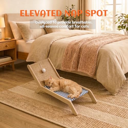 PETKARAY Beach Chair Cat Hammock, Elevated Cat Beds for Indoor Cats, Original Cozy Lounger with Sisal Scratcher and Toy Ball - color: Blue