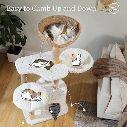 PETEPELA Modern Cat Tree Tower for Indoor Large Cats w/Removable Flower Perch, Real Solid Wood Cat Scratching Posts, Boho Ratten Cat Furniture w/Cozy Condo & Wicker Basket Bed, White - color: Cloud White
